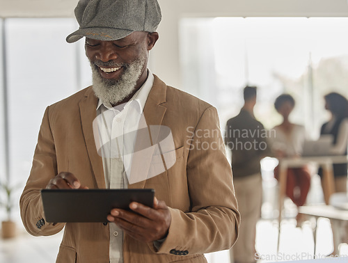 Image of Tablet, research and a senior business black man in the office for planning online against a blurred background. Technology, smile and networking with a happy mature corporate employee at work