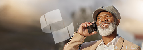 Image of Phone call, space and happy with black man in city for networking, communication and technology. Mockup, smile and banner with senior person talking in outdoors for contact, mobile and conversation