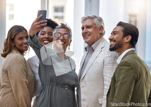 Image of Happy, business people and selfie in team building with smile for photo, memory or social media at office. Group of employees together for picture, vlog or about us in teamwork gathering at workplace