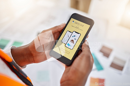 Image of Phone, hands and creative with an architect in the office closeup from above for home design. Mobile, architecture and tutorial with a designer reading information while planning a house renovation