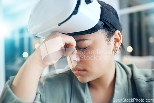 Image of Woman in virtual reality headset with headache, pain and dizzy from gaming or working in future technology. Stress, exhausted eyes and tired girl with vr glasses, fatigue and vision problem in office