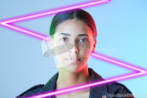 Image of Neon, digital art and portrait of woman in studio for cyberpunk, metaverse and online gaming. Aesthetic, futuristic design and face of female person on blue background with line for scifi vaporwave