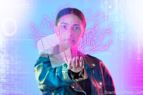 Image of Hologram, neon chart and portrait of woman in studio for cyberpunk, metaverse and user experience. Virtual reality, futuristic and female person with software overlay, network and digital art in hand