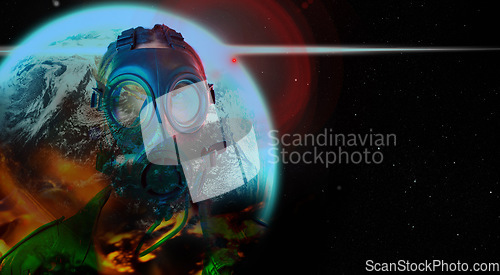 Image of gas mask, earth and pollution in air, space and planet in apocalypse, climate change and global warming with toxic atmosphere. Globe, crisis and futuristic world with problem breathing or environment