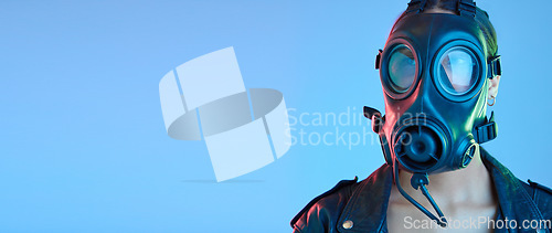 Image of Mockup, safety and woman with a gas mask, breathing equipment and girl against a blue studio background. Female person, model and face cover for clean air, eco friendly and protection with pollution