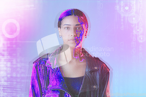 Image of Neon, hologram screen and portrait of woman in studio for cyberpunk, metaverse and user experience. Virtual reality, futuristic and face of female person on blue background with software overlay