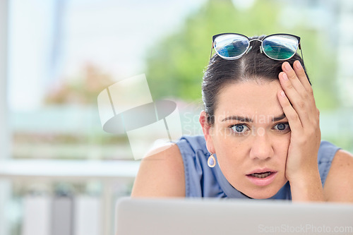 Image of Shocked, stress and business woman on computer for news, mistake or online crisis, scam and phishing or debt. Risk, bankruptcy and surprise of professional person on laptop for problem or email fail