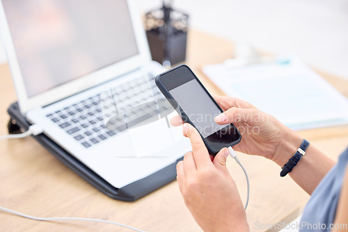 Image of Closeup, hands and woman with a smartphone, typing and employee with connection, network and social media. Female person, mobile app and entrepreneur with a cellphone, online reading and website info