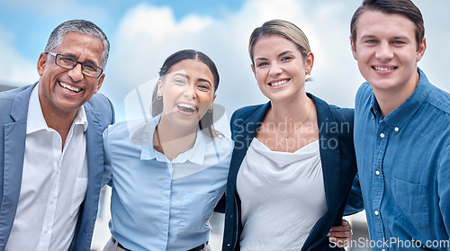 Image of Happy, team and portrait of business people in the city with solidarity, laughing and support. Smile, hug and diversity with corporate employees together for collaboration as professional staff