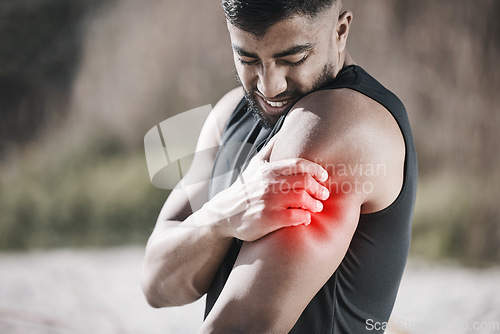 Image of Man, shoulder pain and fitness, injury and red overlay, hurt and medical emergency with muscle inflammation. Male athlete, strain with glow and health problem, mockup space and exercise accident