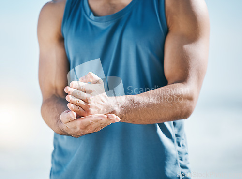 Image of Hands, fitness and sign language with a sports man outdoor on a blurred background for a cardio workout. Exercise, motivation and health with a male runner or athlete in nature for endurance training