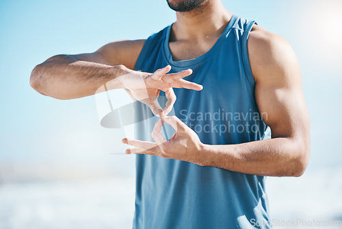 Image of Hands, exercise and sign language with a sports man outdoor on a blurred background for a cardio workout. Fitness, motivation and health with a male runner or athlete in nature for endurance training