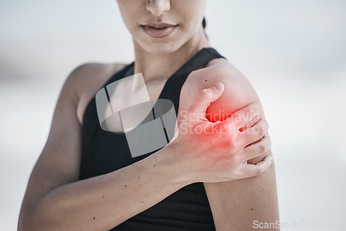 Image of Woman, shoulder pain and fitness injury with red overlay, workout outdoor with fibromyalgia and muscle tension. Arthritis, arm ache and inflammation, female athlete and medical problem from exercise