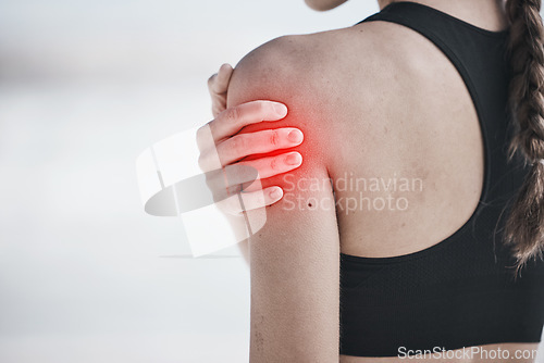 Image of Woman, shoulder pain and exercise injury, red overlay and workout outdoor, fibromyalgia and back muscle tension. Arthritis, arm ache and inflammation, female athlete and medical problem with fitness