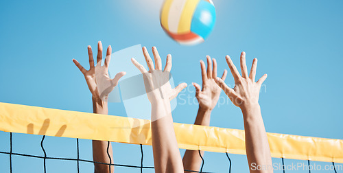 Image of Volleyball, hands and net with sports and fitness, people outdoor playing game with blue sky and summer. Exercise, athlete and group, match with ball and active, workout and team with tournament