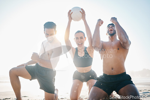 Image of Happy people, volleyball and winning on beach in victory, achievement or teamwork celebration in the outdoors. Woman and men in team success, championship or game and match on the ocean coast outside