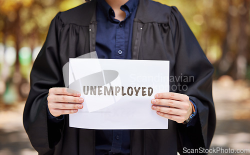 Image of Employment, nature and lawyer with a paper for a job alert, recruitment or law graduate in nature. Showing, unemployed and hands of a legal employee with a sign for a professional legal career