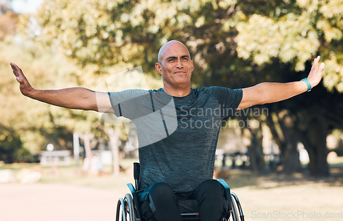 Image of Stretching, fitness and wheelchair user in park for workout, health and muscle relief. Man with a disability, training and wellness exercise with mature person in warm up, nature and sports challenge