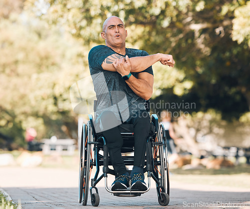 Image of Stretching, training and wheelchair user with man in park for fitness, workout and health. Warm up, wellness and exercise with person with disability in nature for sports, challenge and performance