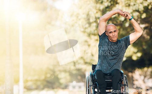 Image of Stretching, start and wheelchair user man in park for training, workout or health portrait. Fitness, wellness and exercise person with a disability in nature for sports, challenge and mockup space