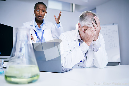 Image of Science, people and frustrated with mistake. fail or problem in laboratory and black woman with shock, stress and glitch on computer. Chemistry, scientist with anxiety or error in research and lab