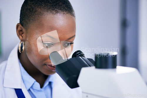 Image of Closeup of black woman scientist, microscope with analysis and science study for medical research and biotechnology in lab. Female person, doctor and check test sample and scientific experiment