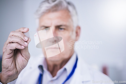 Image of Test, microscope slide and man with research, medical and sample with discovery, blood and laboratory. Male person, researcher and scientist with data analysis, dna testing and healthcare study with