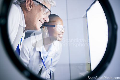 Image of Science, research and team scientists in lab working on future data experiment, analysis or test. Medical, professional and scientific researchers with biotechnology for medical project in incubator.