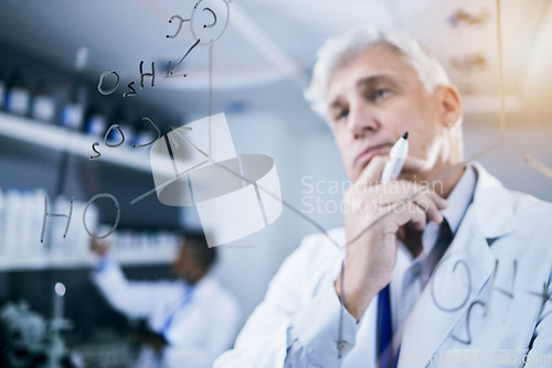 Image of Scientist, thinking and formula on glass in laboratory research, problem solving or solution for medical health. Question, brainstorming and senior man or science expert of math, data ideas and board