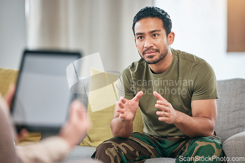 Image of Talk, help and military man with therapist for counselling and support for mental health. Depression, consultation and army veteran with trauma for therapy at psychologist person for problem