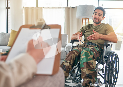 Image of Military man, wheelchair and therapist for counselling, trauma and mental health. Depression, consultation and army veteran with a disability for therapy at psychologist person for problem or support