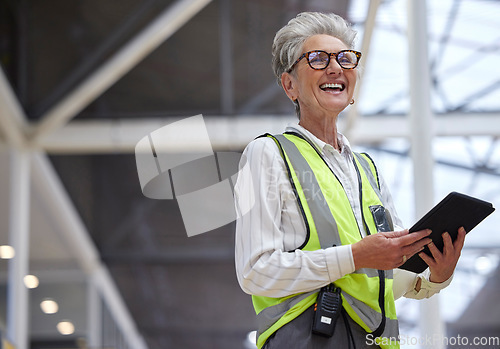 Image of Funny, senior and architect with tablet for research, planning and working on construction project. Technology, elderly engineer and manager laughing at meme on internet, email app and networking.