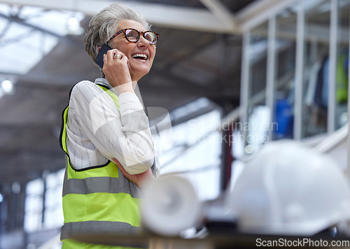 Image of Phone call, senior woman and architect in funny conversation, planning and work on construction project. Elderly engineer, mobile and manager speaking to contact, communication and laugh in industry.