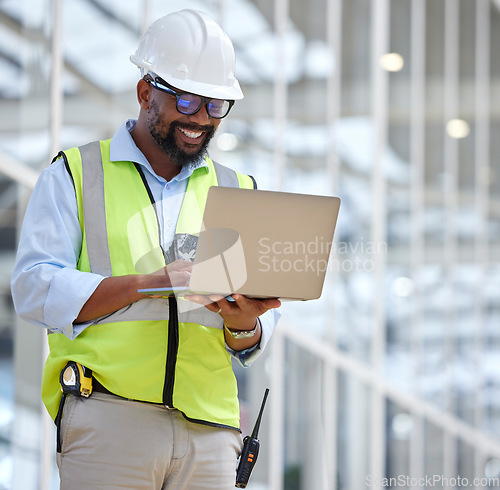 Image of Laptop, engineering man and construction worker for online project. management, building progress and floor plan. African person in architecture design on computer for renovation on industry software