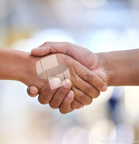 Image of Closeup, handshake and people meeting for introduction, HR agreement and support of b2b deal, partnership or welcome. Thank you, greeting and shaking hands for hello, networking and trust of success