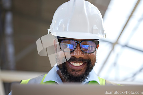 Image of Architecture, planning and laptop with black man on construction site for engineering, building and design. Technology, research and digital with face of contractor for project management and graphic