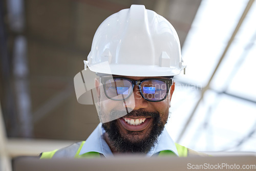 Image of Architecture, planning and research with black man on construction site for engineering, building and design. Technology, idea and digital with face of contractor for project management and graphic