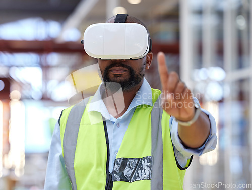 Image of Logistics, warehouse and man in virtual reality headset for online checklist, inventory or online schedule. Future technology, person in vr glasses in factory and futuristic stock management system.