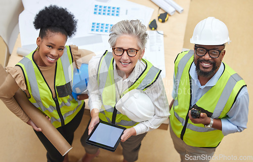 Image of Tablet, teamwork or portrait of engineers with manager planning a construction for architecture. Top view, blueprint or happy black people with mature woman meeting together on a development project