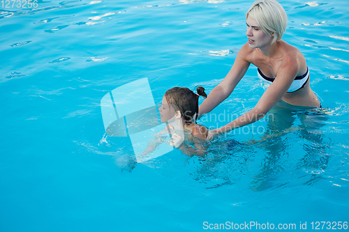 Image of Happy mother and daughter playing in swimming pool