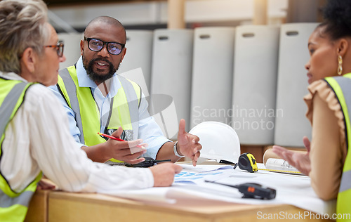 Image of Construction meeting, planning and engineering people with blueprint teamwork, collaboration and ideas or questions. Project management, floor plan and manager, woman or group talking of architecture