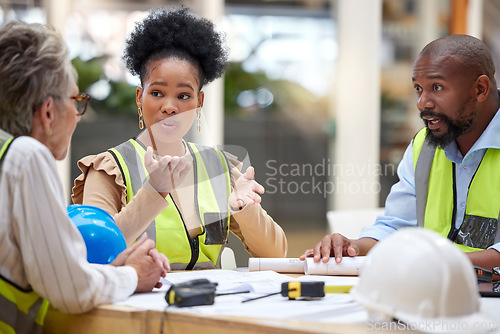 Image of Office meeting, planning and engineering people in teamwork, collaboration and ideas for blueprint design. Project management, floor plan questions and manager, woman or group talking of architecture