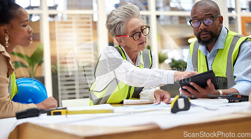 Image of Meeting, tablet planning and engineering people with blueprint for teamwork, collaboration and online progress. Project management, digital tech and manager, woman or group with architecture design