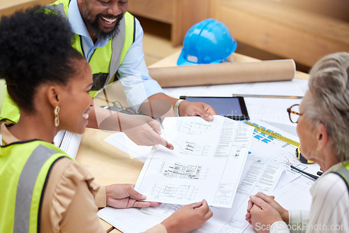 Image of Blueprint, meeting or happy civil engineering team planning a building or construction architecture. Teamwork, collaboration or group of designers talking or speaking of floor plan idea in discussion