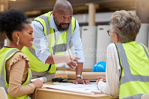 Image of Manager, meeting or civil engineering team planning a building or construction architecture. Teamwork, leadership or designers talking or speaking of floor plan idea in discussion or collaboration