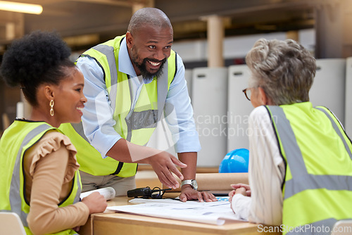 Image of Manager, meeting or happy civil engineering team planning a building or construction architecture. Teamwork, leader or designers talking or speaking of floor plan idea in discussion or collaboration