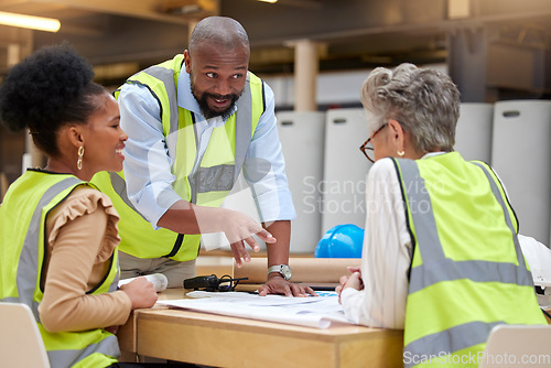 Image of Construction planning, meeting and architecture people for blueprint teamwork, collaboration and design questions. Project management, floor plan and manager, woman or engineering or industry group