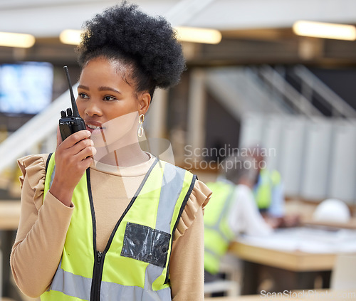 Image of Walkie talkie, black woman and architect talking for communication, construction and listening. African engineer, radio and contractor planning industrial project, building maintenance and logistics