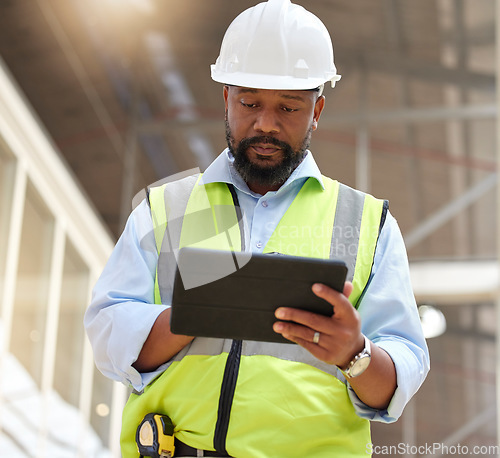 Image of Tablet, engineering man and construction worker for online project management, building progress and floor plan. African person in architecture design on digital tech, renovation or industry software