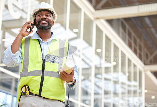 Image of Architecture, black man or engineer on a phone call conversation for building construction. Blueprint, industrial or African designer in a discussion networking or speaking of engineering project